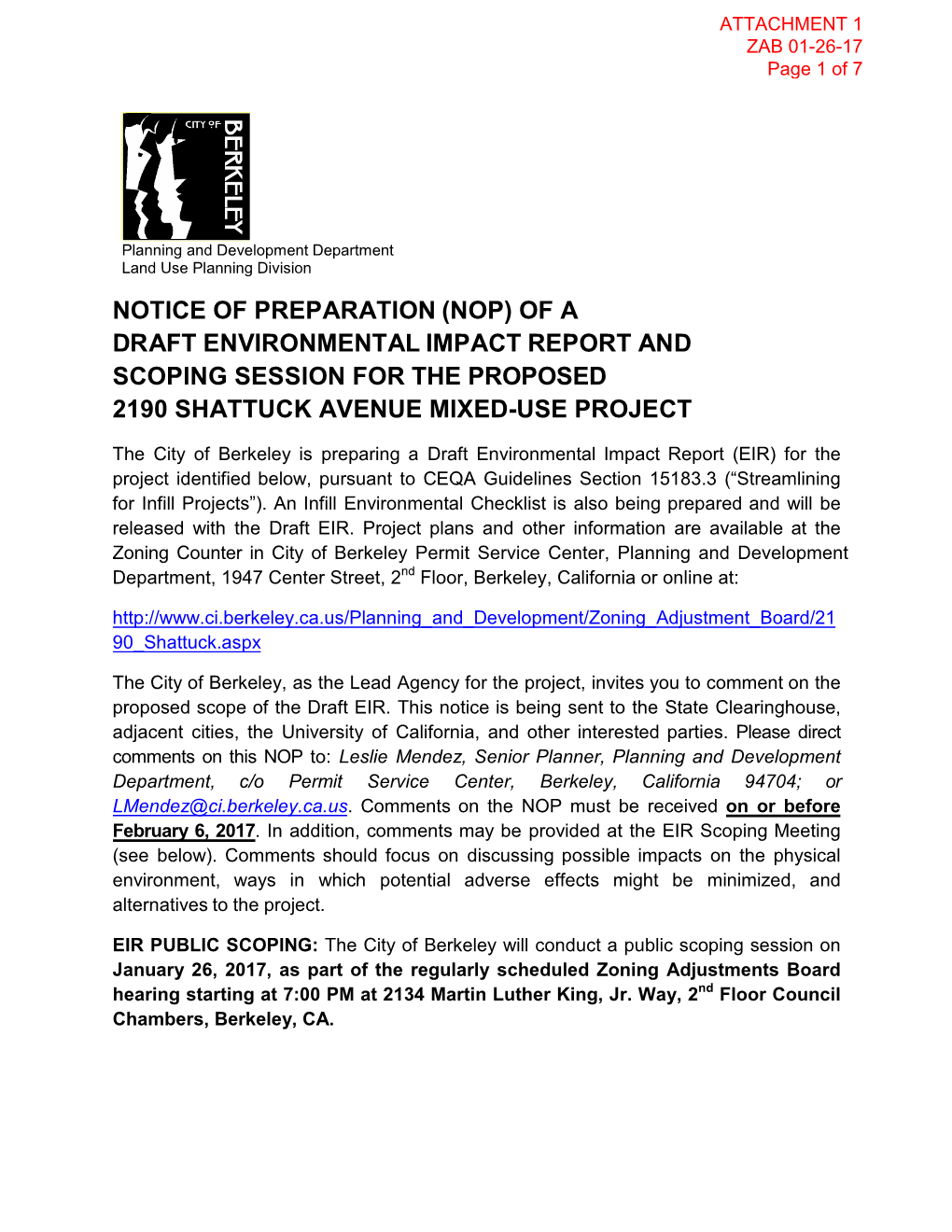 Notice of Preparation (Nop) of a Draft Environmental Impact Report and Scoping Session for the Proposed 2190 Shattuck Avenue Mixed-Use Project