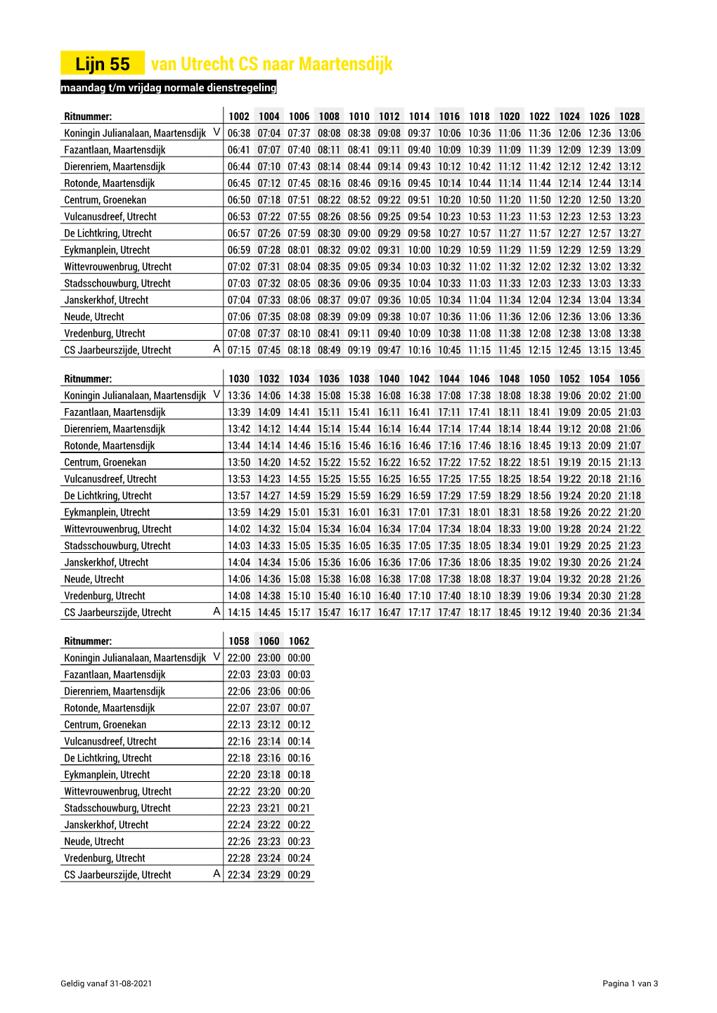 Lijn 55 Van Utrecht CS Naar Maartensdijk Maandag T/M Vrijdag Normale Dienstregeling