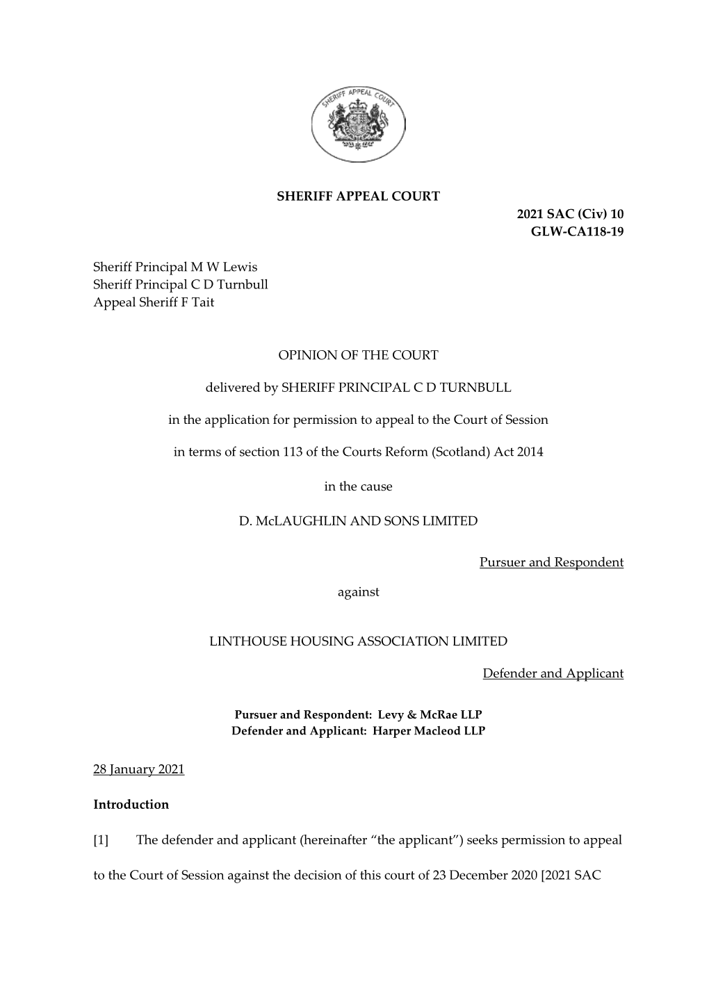 SHERIFF APPEAL COURT 2021 SAC (Civ) 10 GLW-CA118-19 Sheriff Principal M W Lewis Sheriff Principal C D Turnbull Appeal Sheriff F