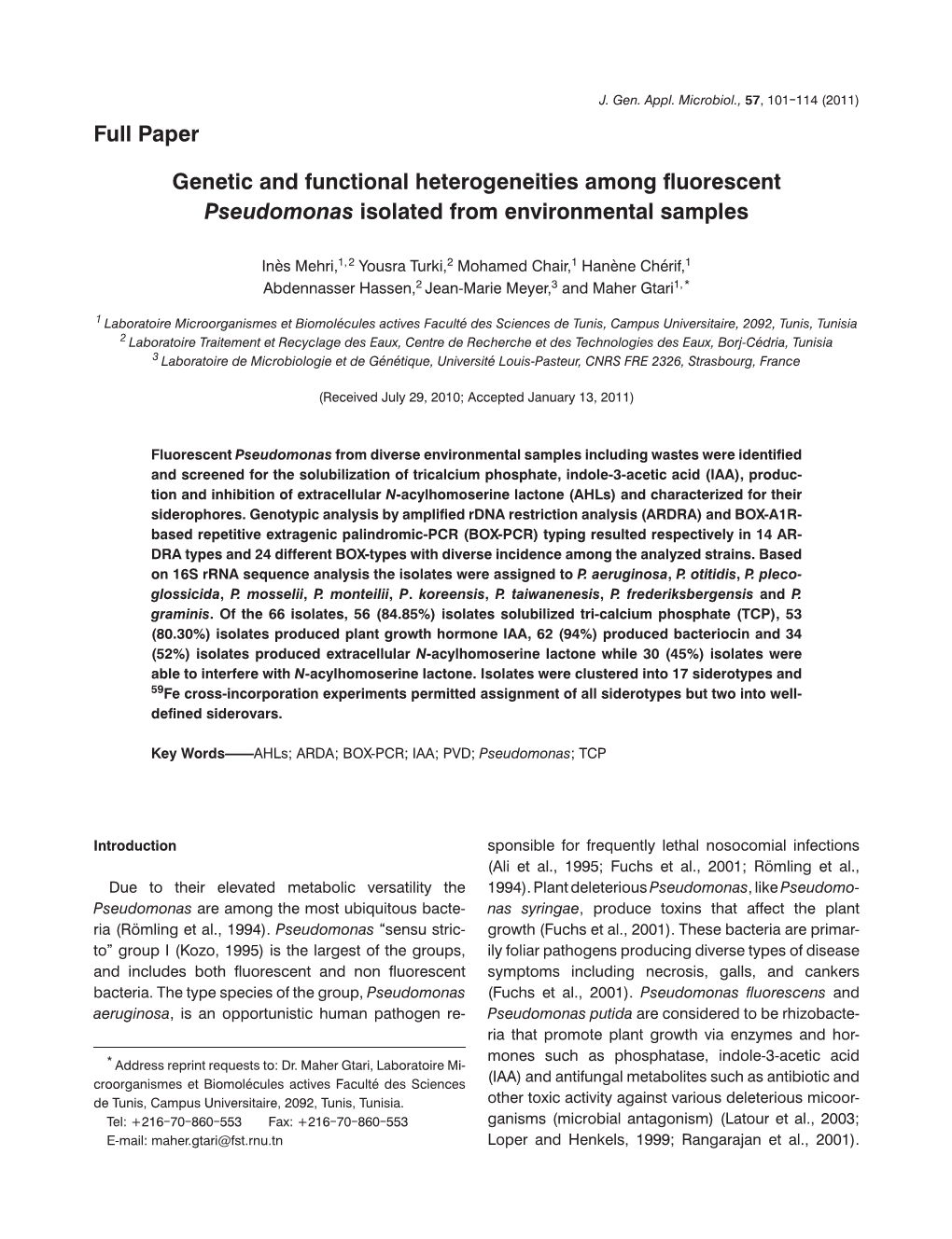 Genetic and Functional Heterogeneities Among Fluorescent Pseudomonas Isolated from Environmental Samples