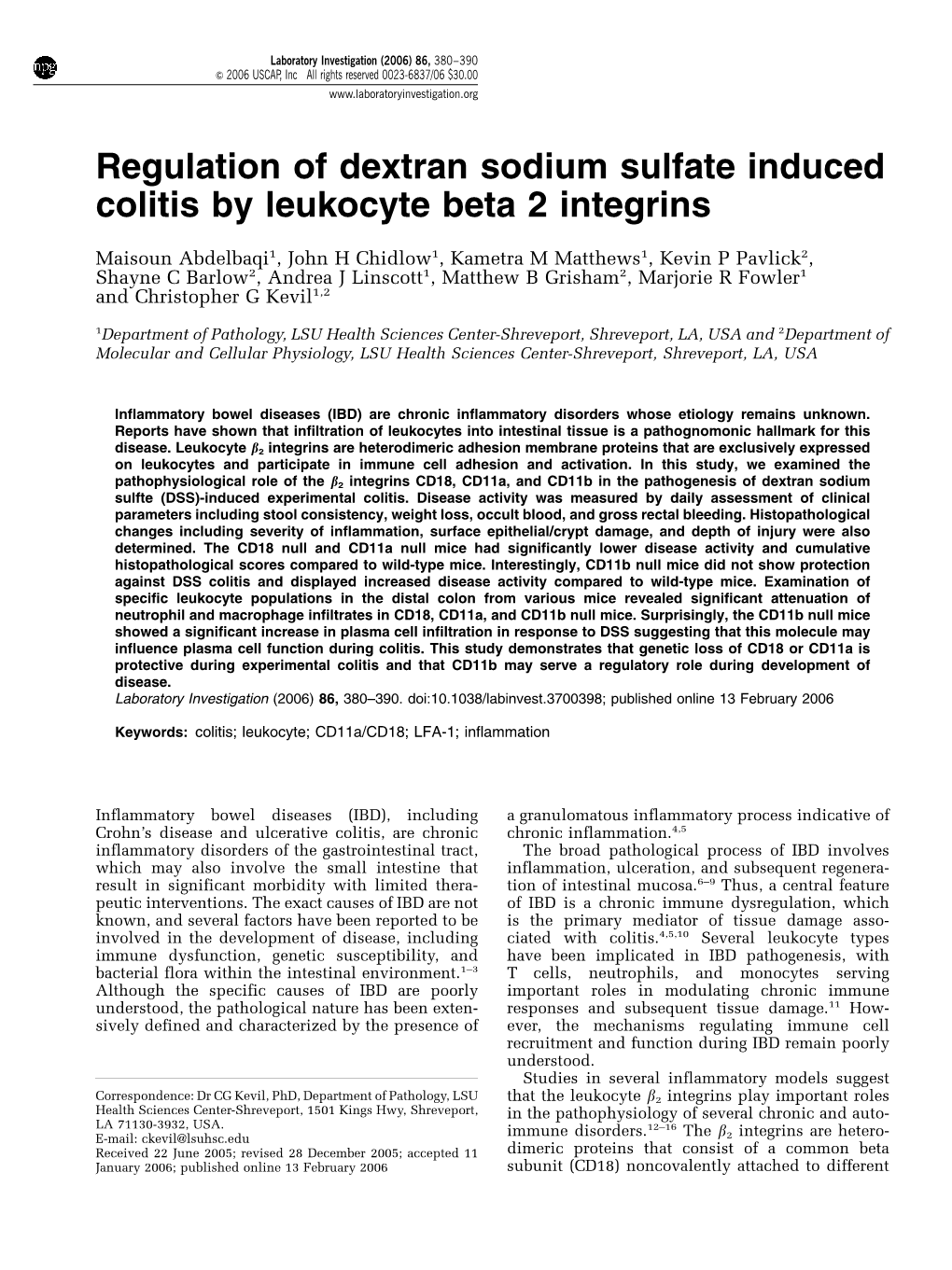 Regulation of Dextran Sodium Sulfate Induced Colitis by Leukocyte Beta 2 Integrins