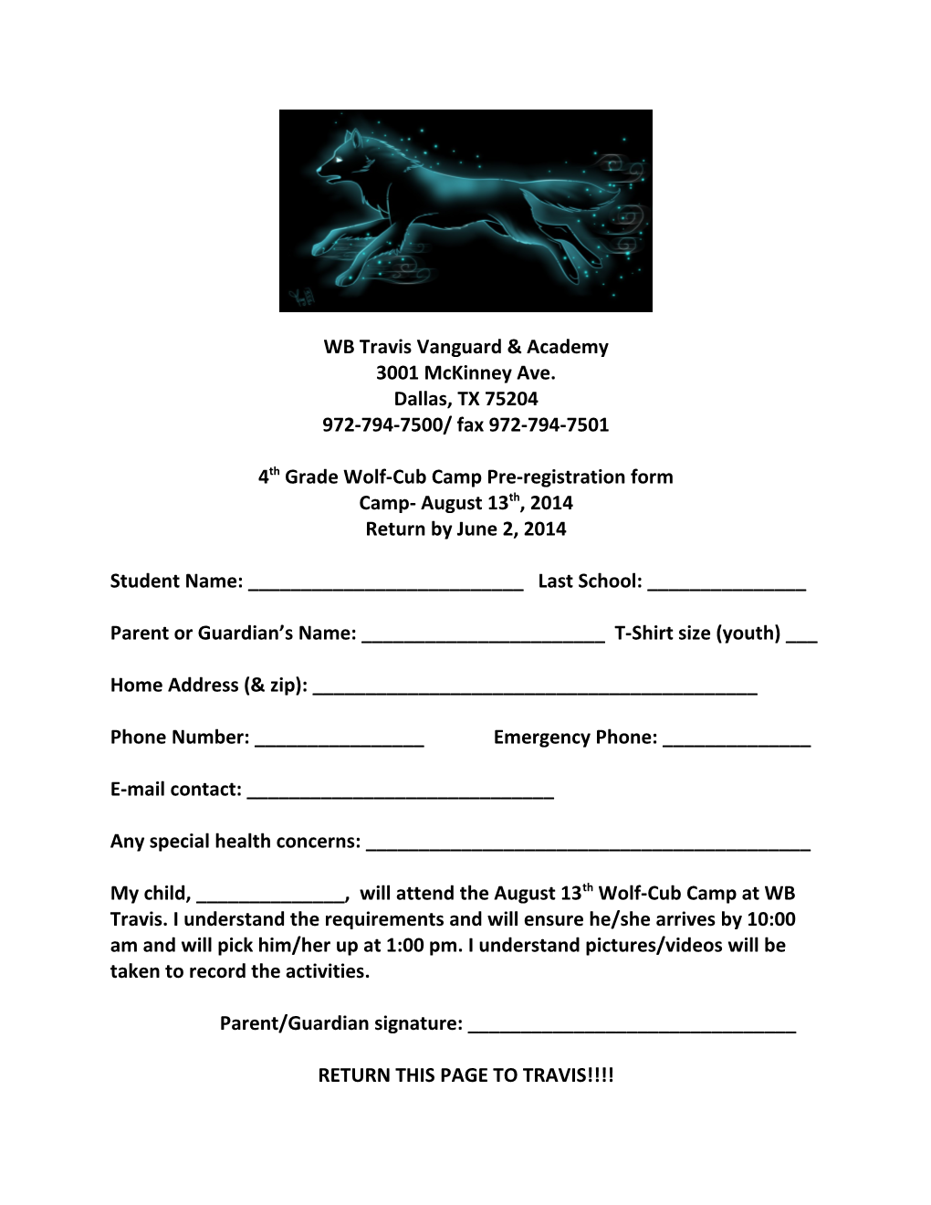 4Th Grade Wolf-Cub Camp Pre-Registration Form