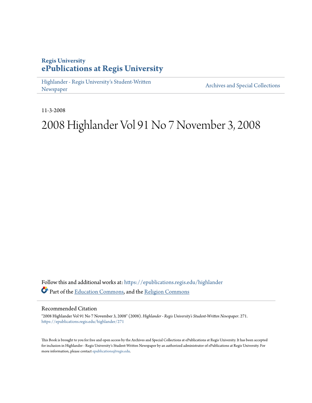 2008 Highlander Vol 91 No 7 November 3, 2008