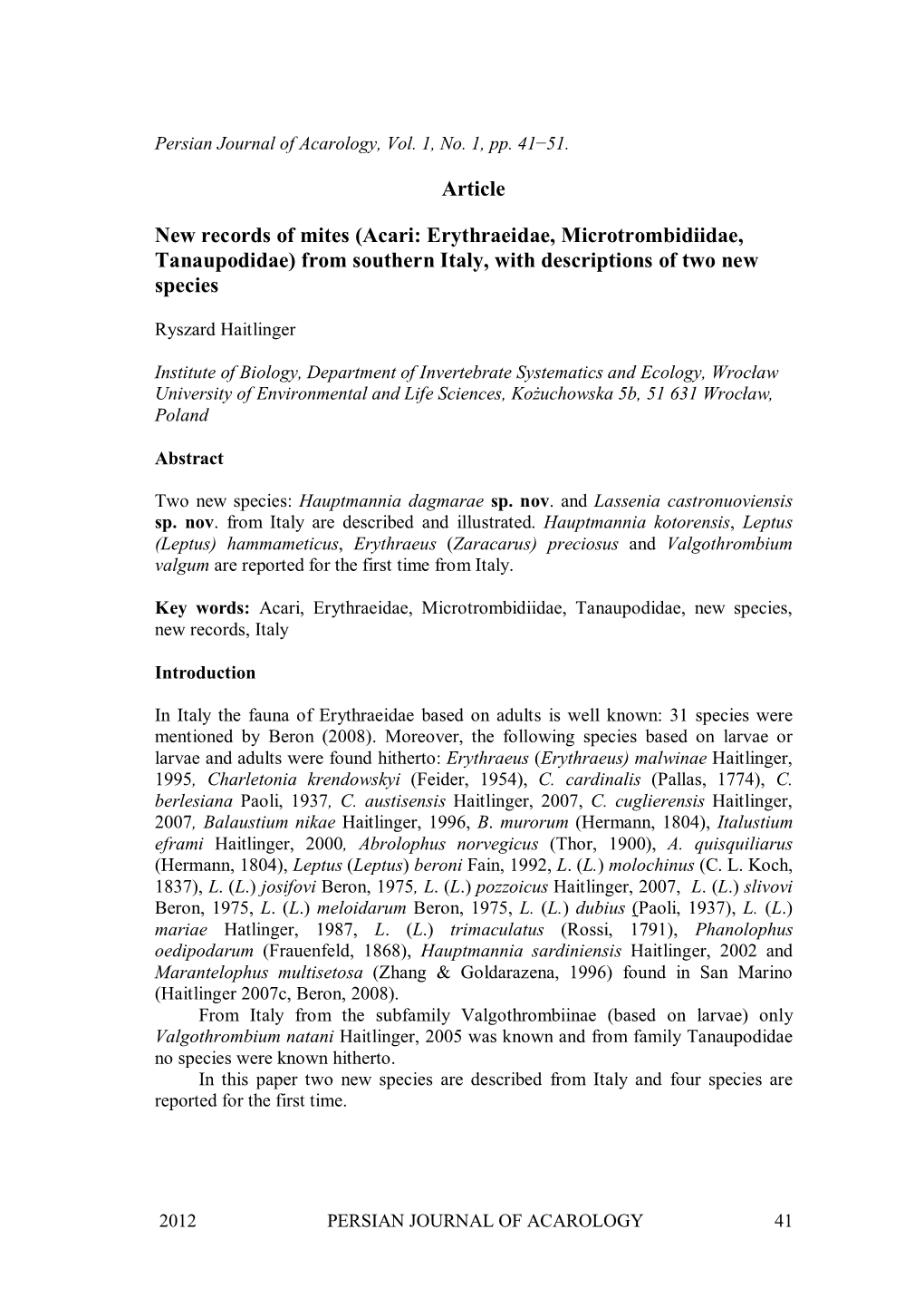 Article New Records of Mites (Acari: Erythraeidae