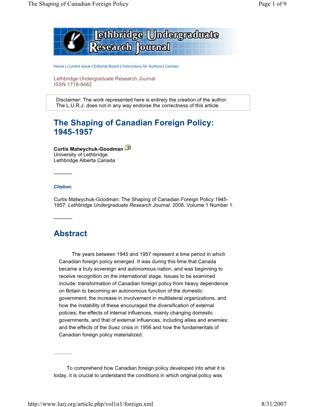 The Shaping of Canadian Foreign Policy Page 1 of 9