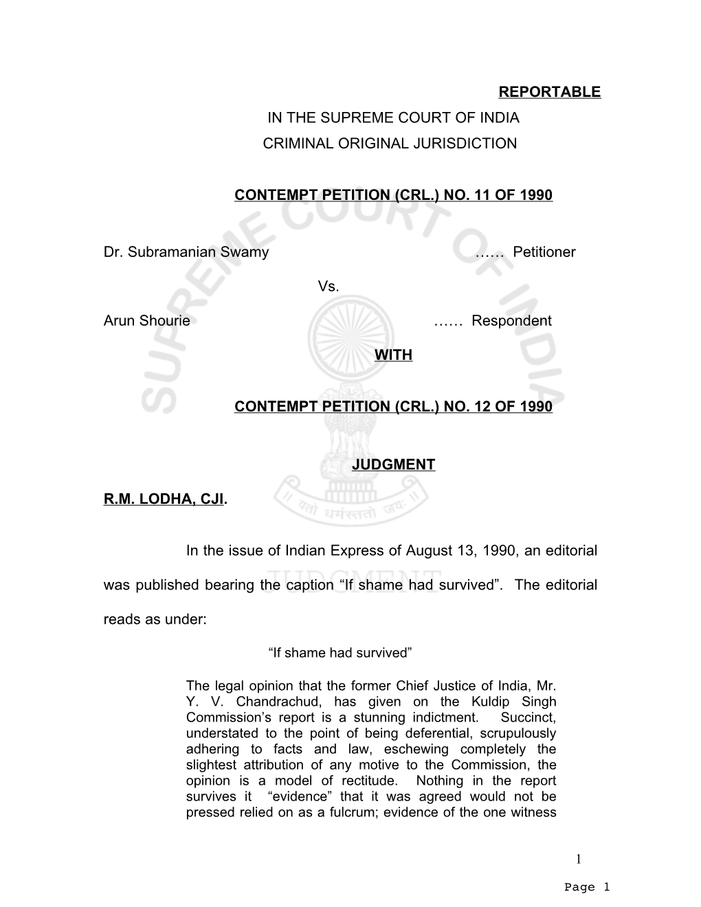 Reportable in the Supreme Court of India Criminal Original Jurisdiction