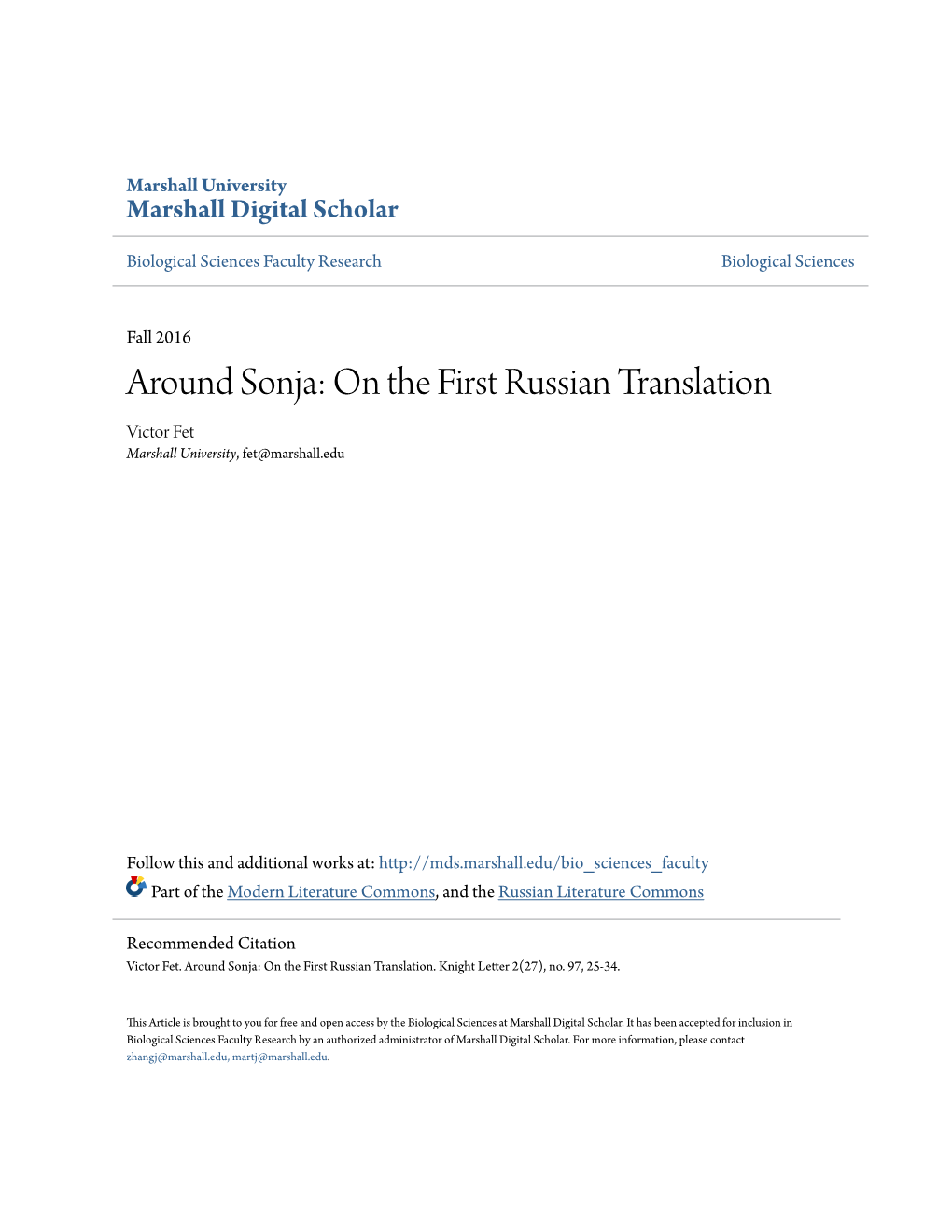 Around Sonja: on the First Russian Translation Victor Fet Marshall University, Fet@Marshall.Edu