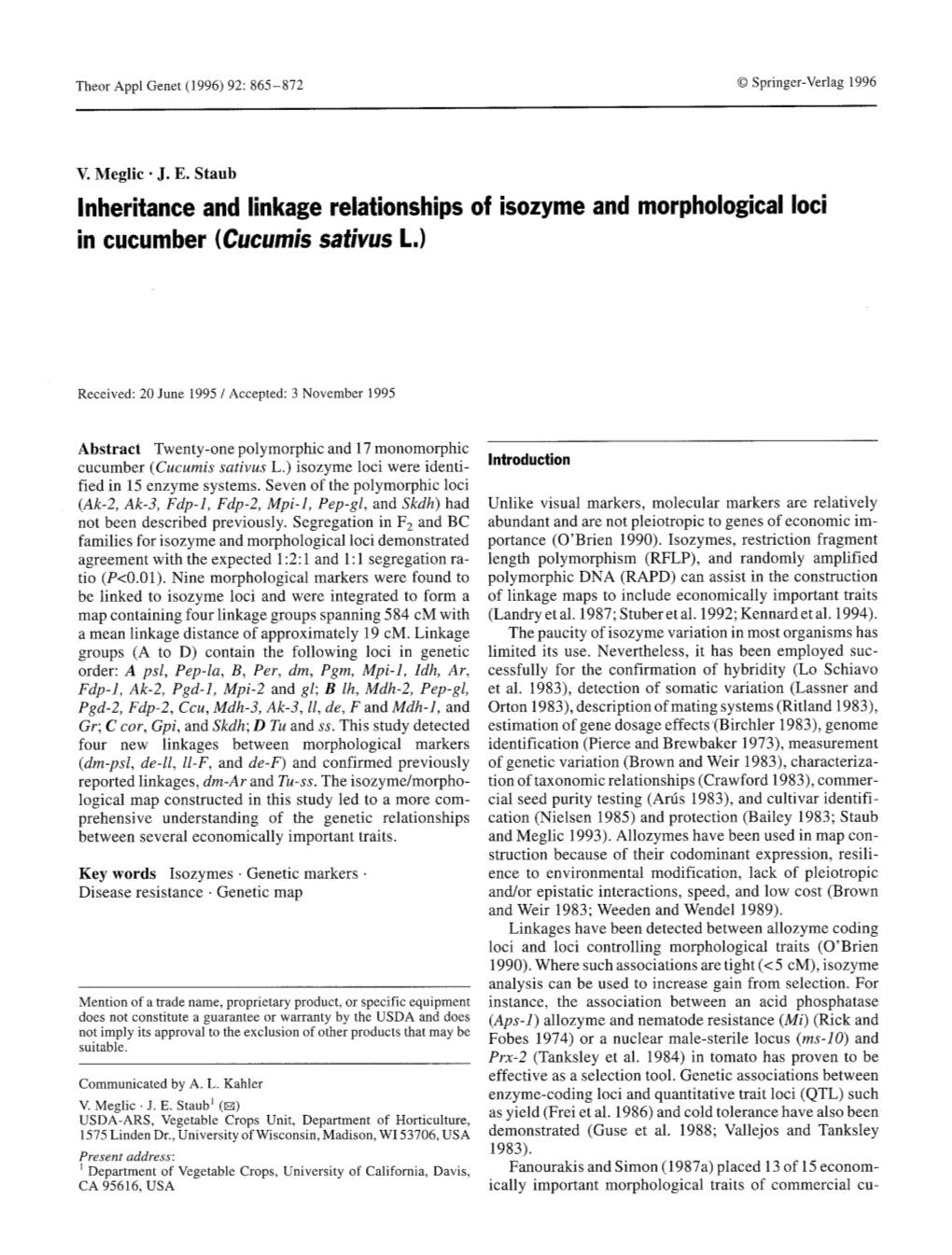 Inheritance and Linkage Relationships of Isozyme and Morphological Loci in Cucumber (Cucumis Sativus L.)