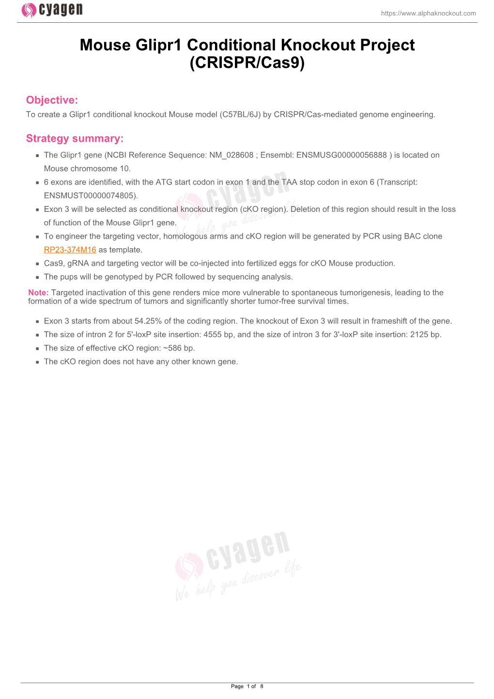 Mouse Glipr1 Conditional Knockout Project (CRISPR/Cas9)