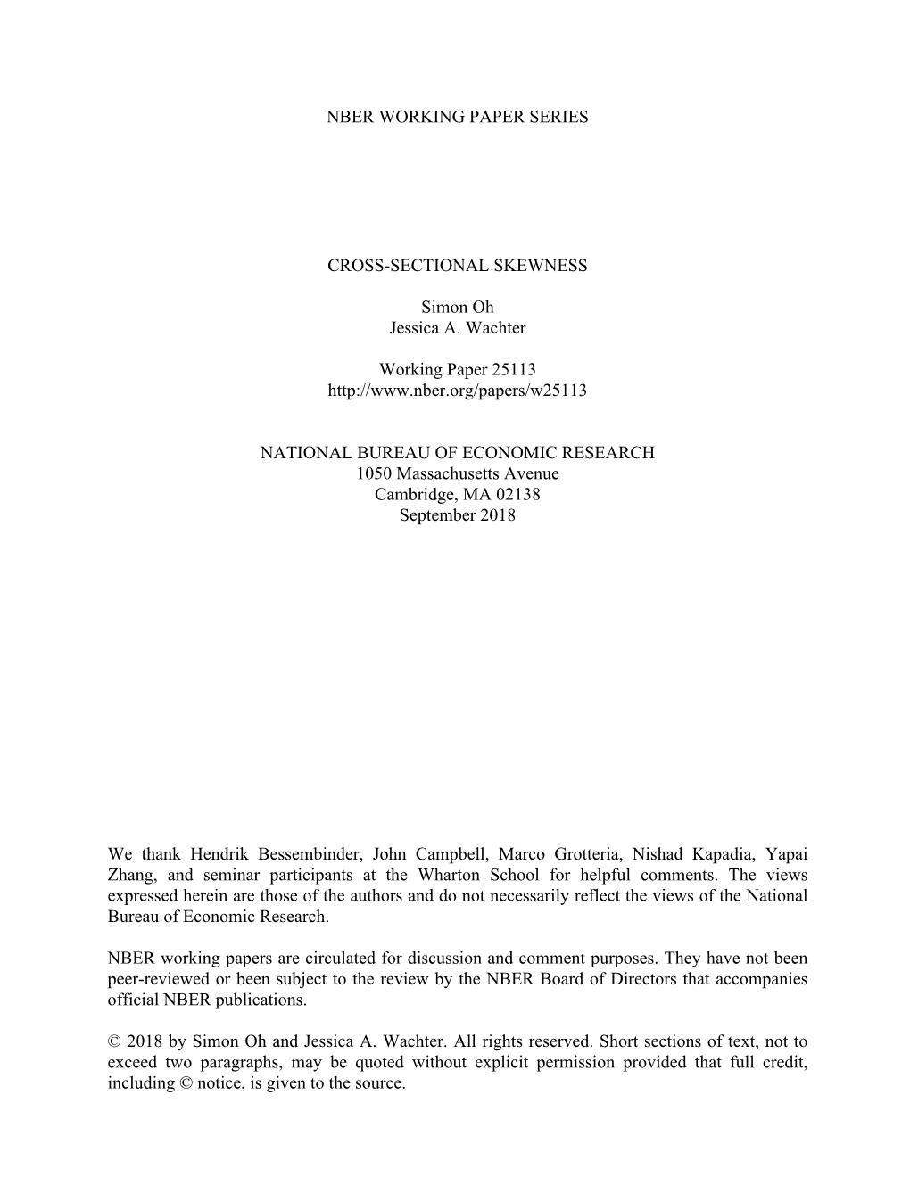 Nber Working Paper Series Cross-Sectional Skewness