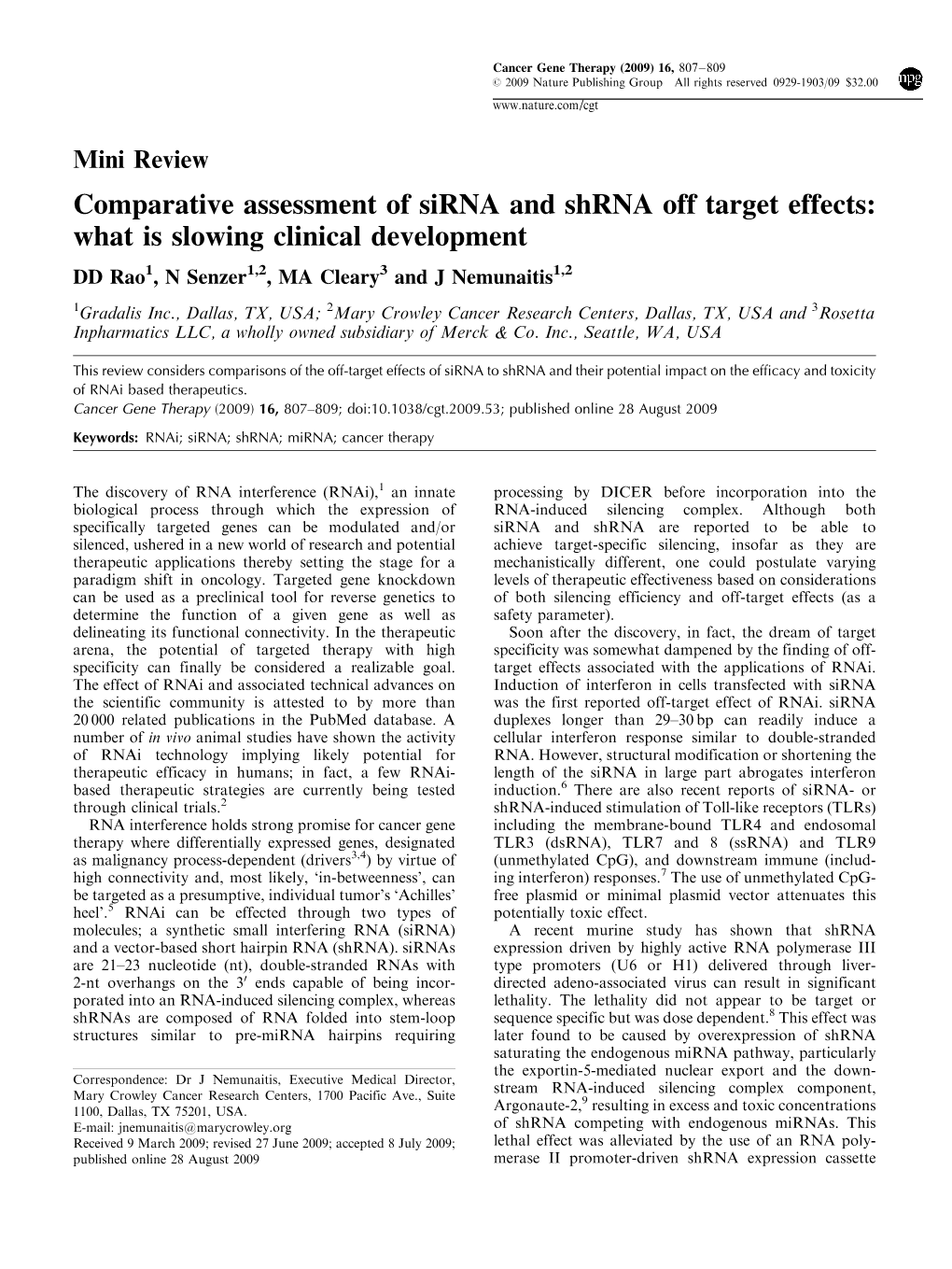 Comparative Assessment of Sirna and Shrna Off Target Effects