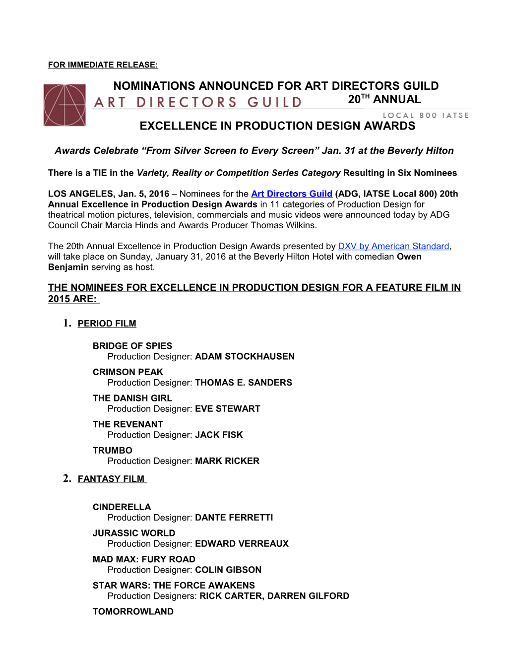 Nominations Announced for Art Directors Guild s1