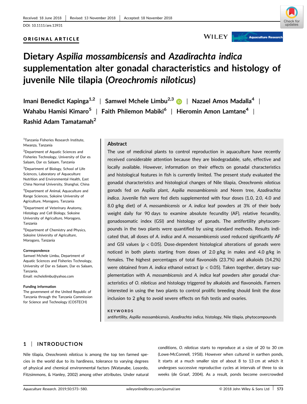 Dietary Aspilia Mossambicensis and Azadirachta Indica Supplementation Alter Gonadal Characteristics and Histology of Juvenile Nile Tilapia (Oreochromis Niloticus)