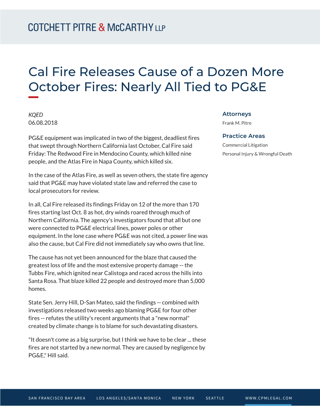 Cal Fire Releases Cause of a Dozen More October Fires: Nearly All Tied to PG&E