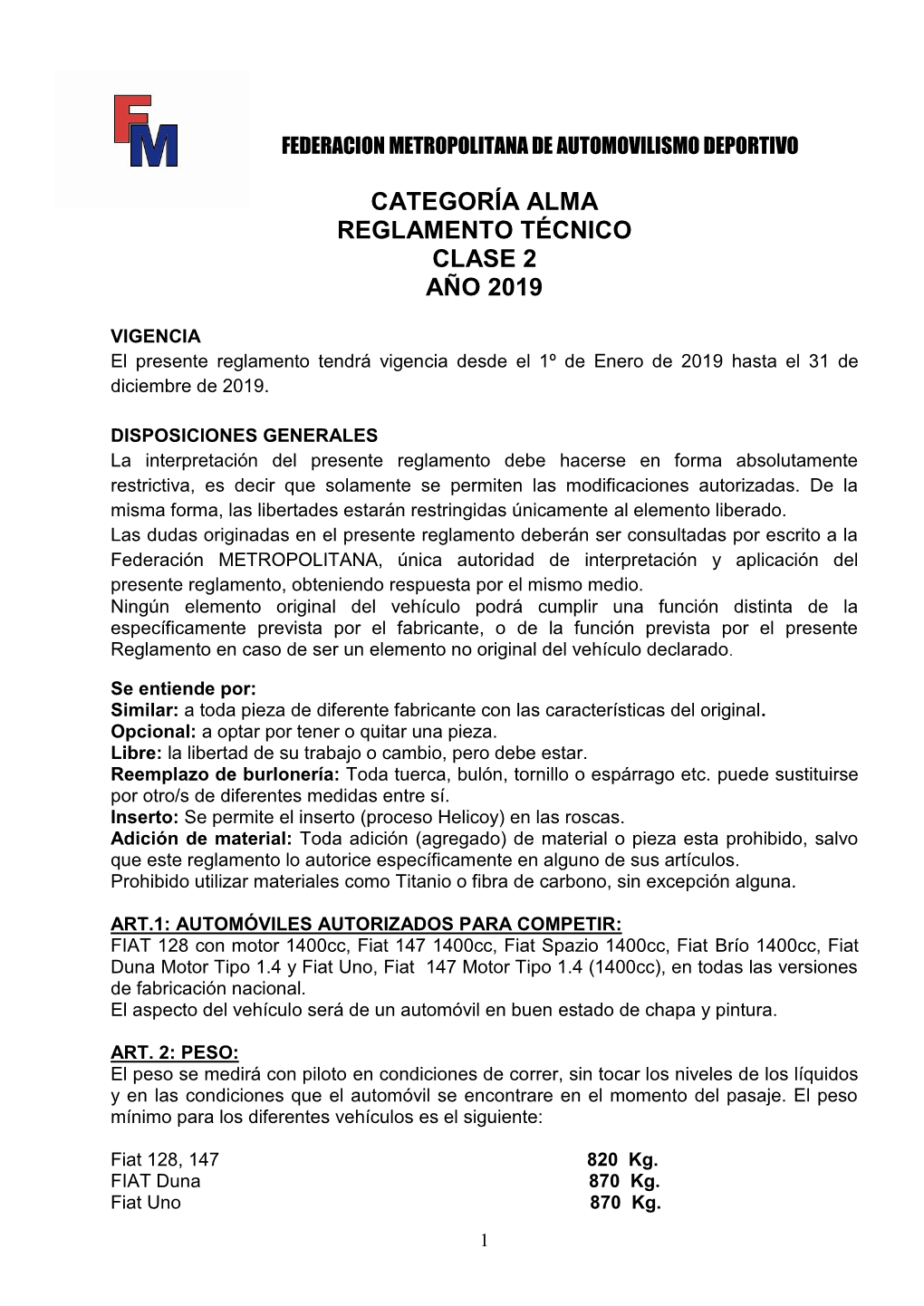 Reglamento Técnico Clase 2 Año 2019