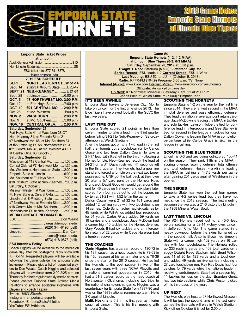 2019 Game Notes Emporia State Hornets at Lincoln Blue Tigers