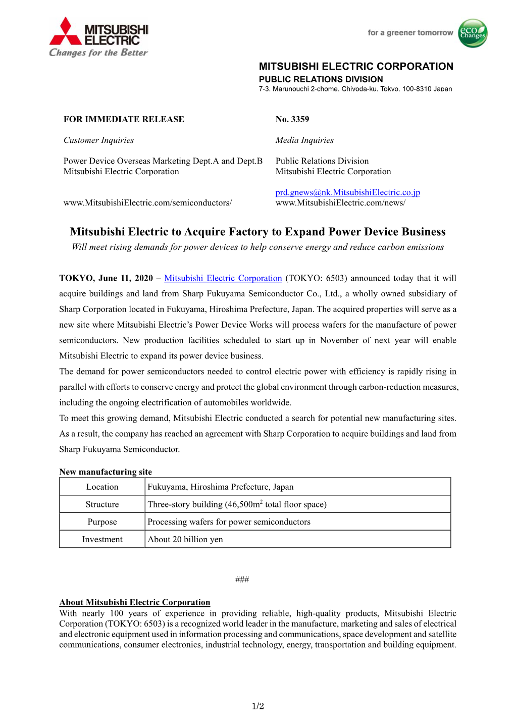 Mitsubishi Electric to Acquire Factory to Expand Power Device Business Will Meet Rising Demands for Power Devices to Help Conserve Energy and Reduce Carbon Emissions