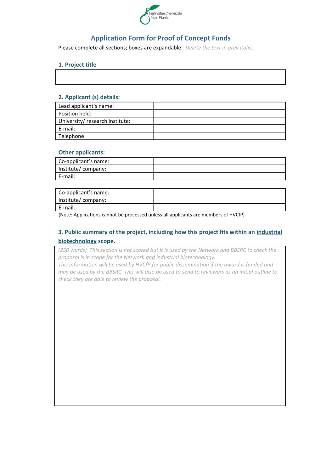 Application Form for Proof of Concept Funds