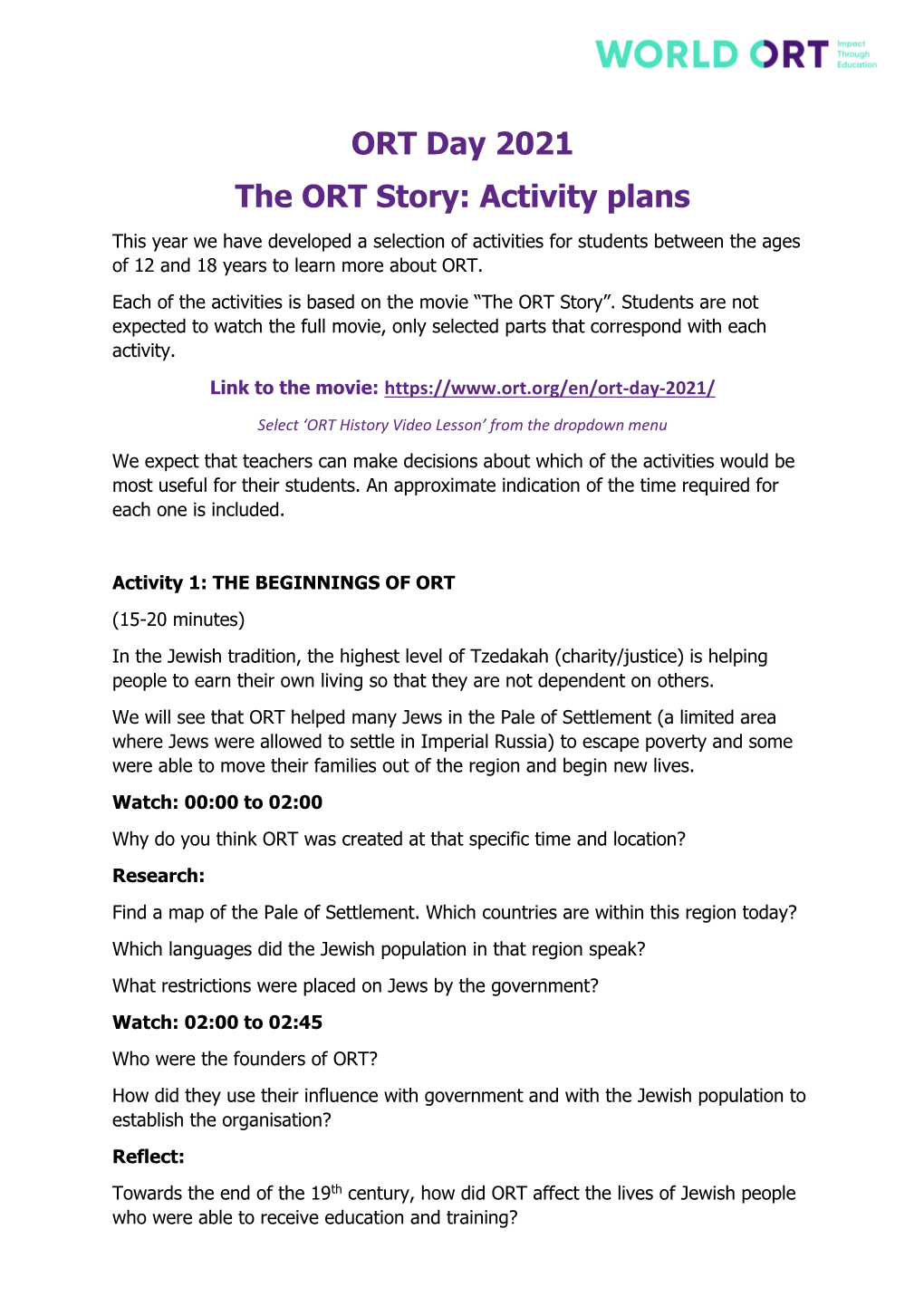 ORT Day 2021 History Lesson Activity Plan