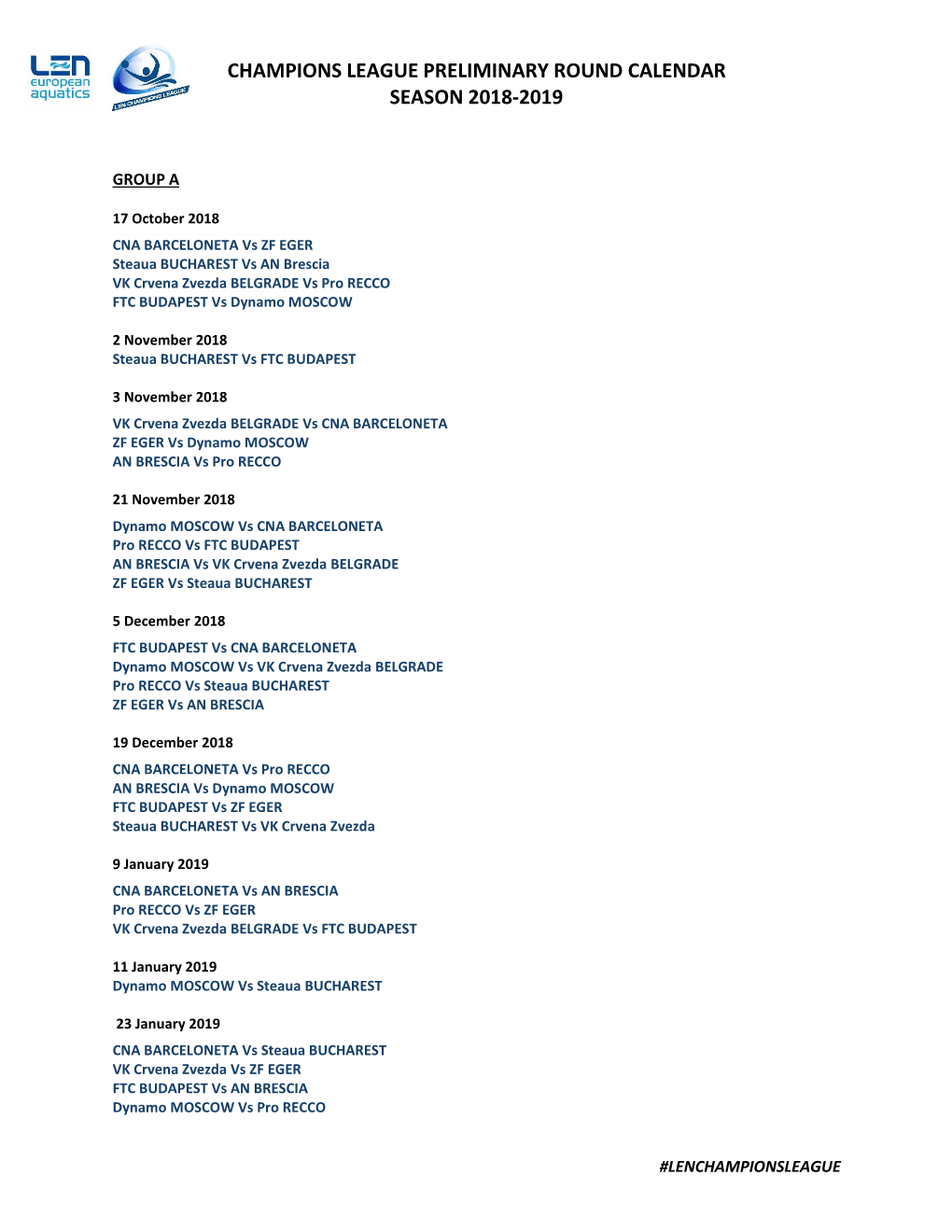 Champions League Preliminary Round Calendar Season 2018-2019