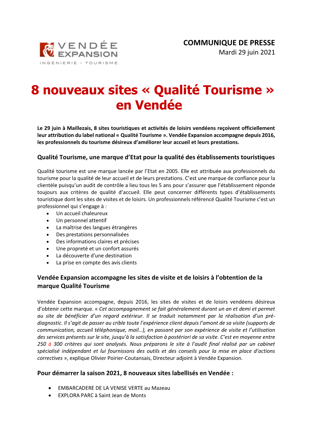 Qualité Tourisme » En Vendée