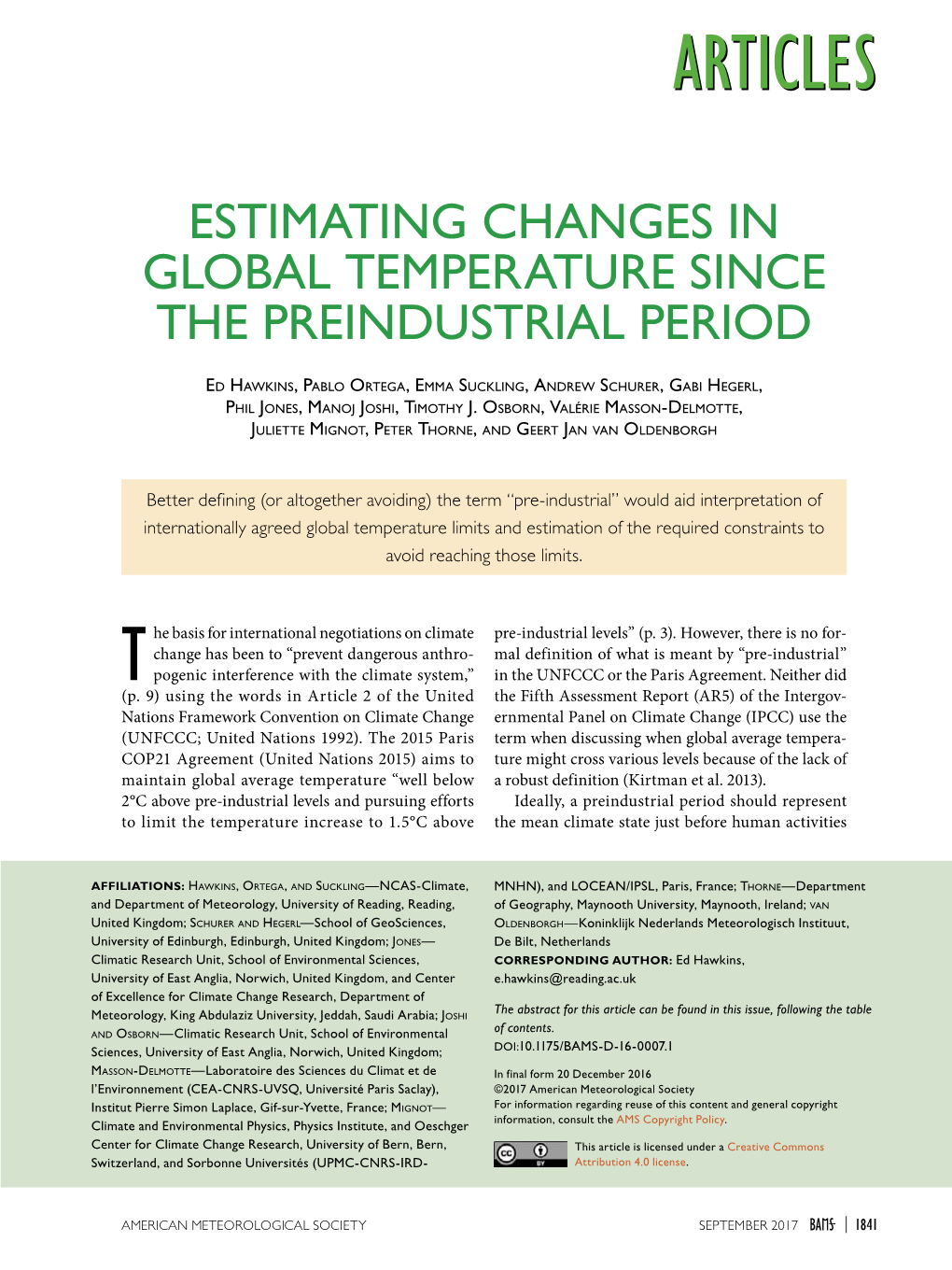 Estimating Changes in Global Temperature Since the Preindustrial Period