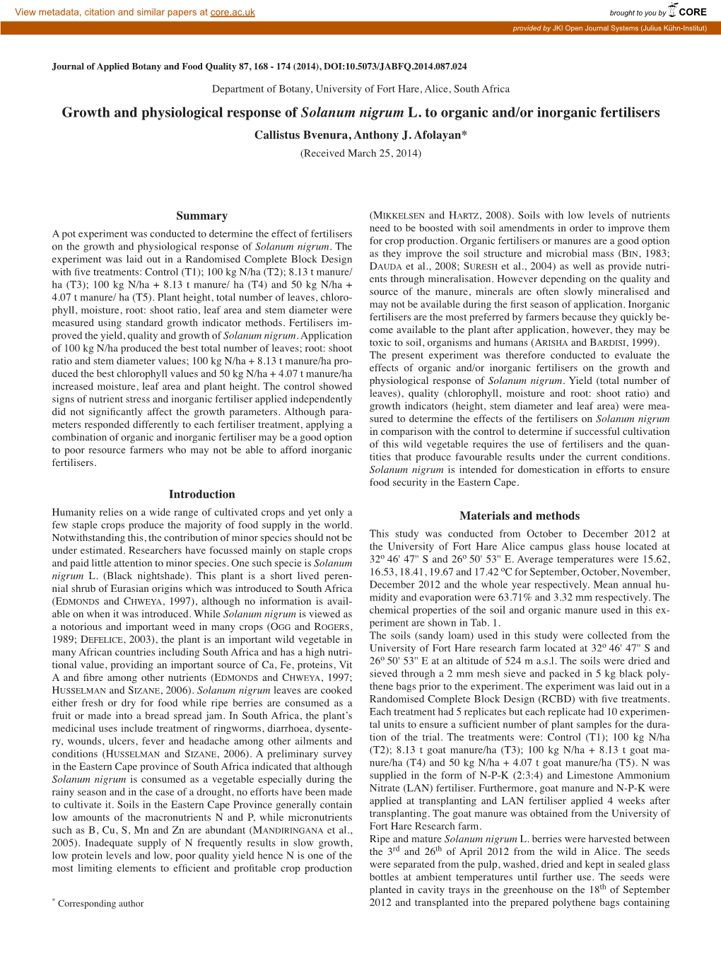 Growth and Physiological Response of Solanum Nigrum L. to Organic And/Or Inorganic Fertilisers Callistus Bvenura, Anthony J