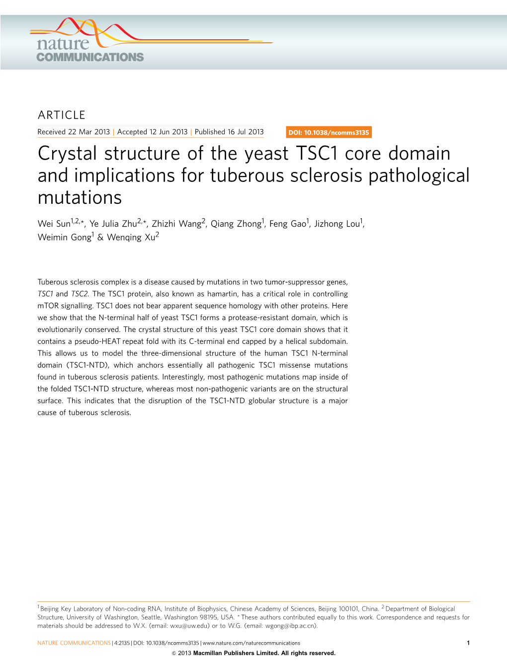 Crystal Structure of the Yeast TSC1 Core Domain and Implications for Tuberous Sclerosis Pathological Mutations