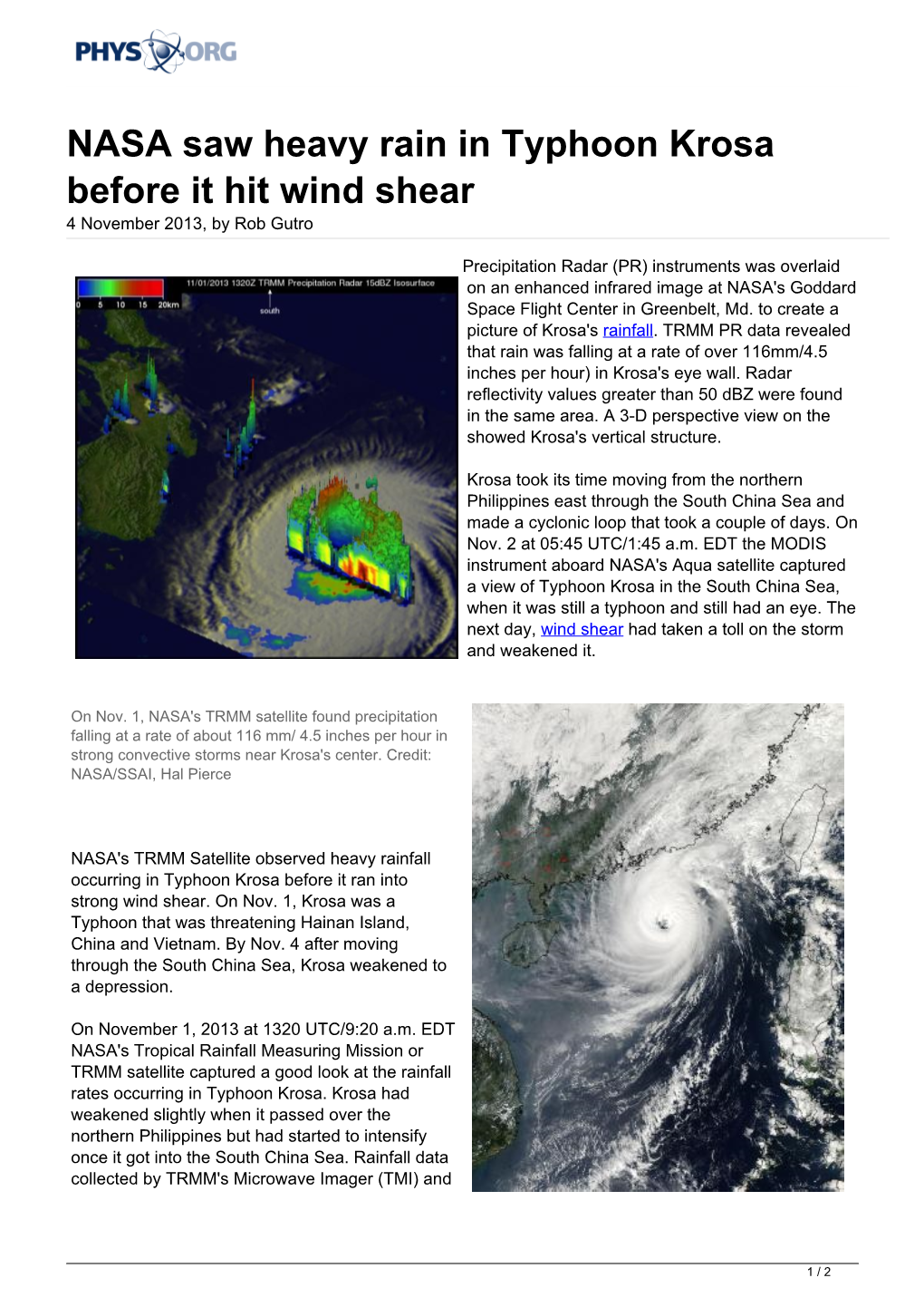 NASA Saw Heavy Rain in Typhoon Krosa Before It Hit Wind Shear 4 November 2013, by Rob Gutro