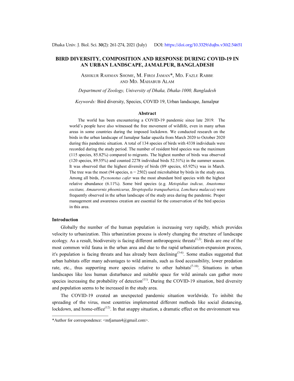 Bird Diversity, Composition and Response During Covid-19 in an Urban Landscape, Jamalpur, Bangladesh