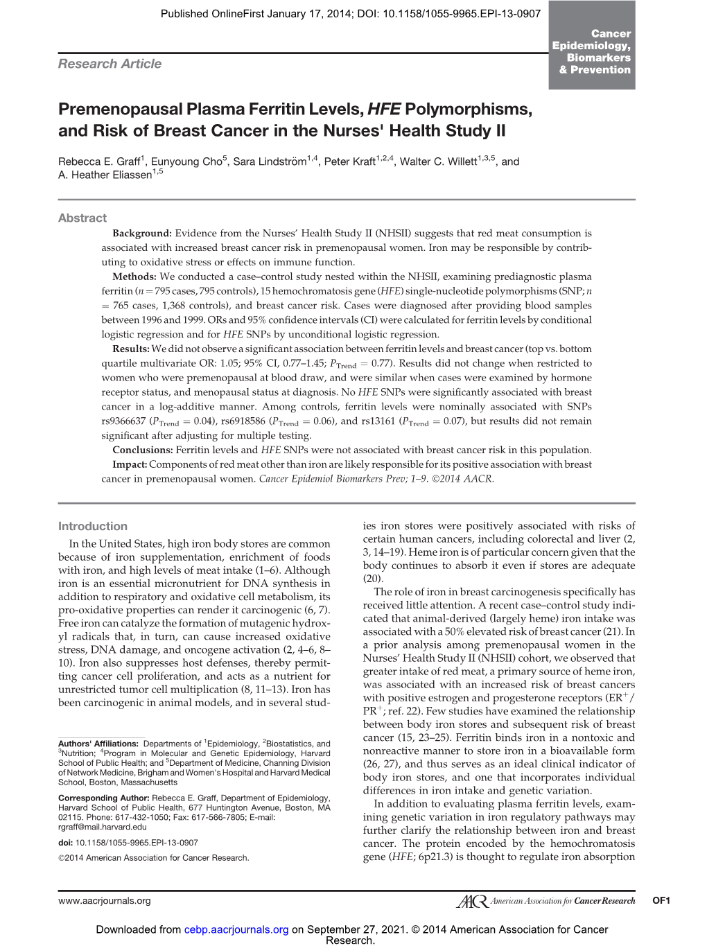 Premenopausal Plasma Ferritin Levels, HFE Polymorphisms, and Risk of Breast Cancer in the Nurses' Health Study II