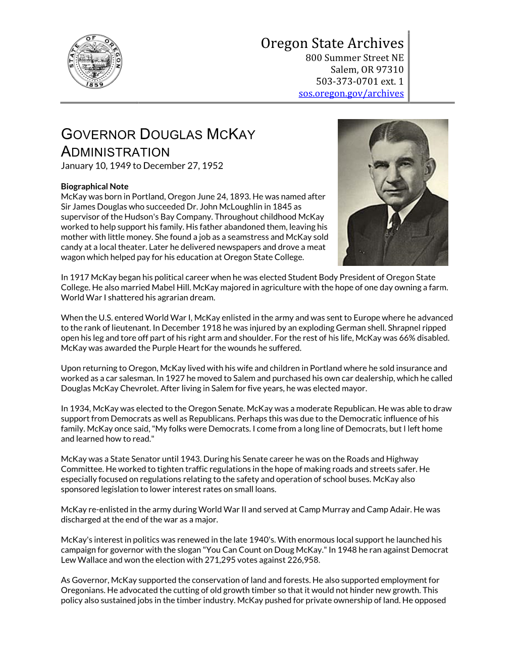 Governor Douglas Mckay's Administration