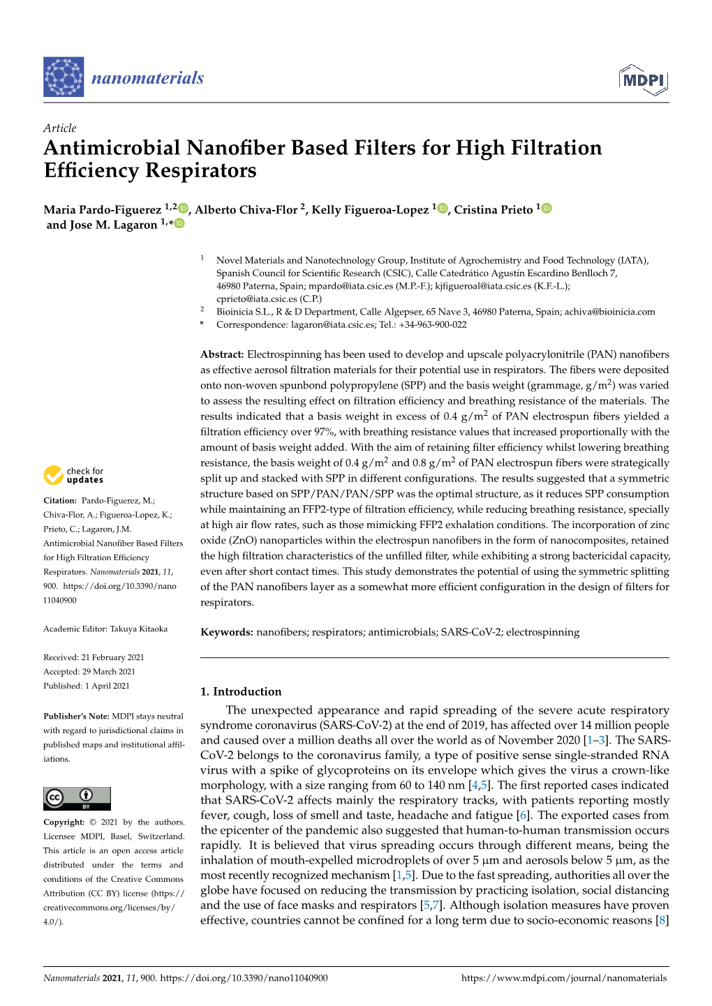 Antimicrobial Nanofiber Based Filters for High Filtration Efficiency