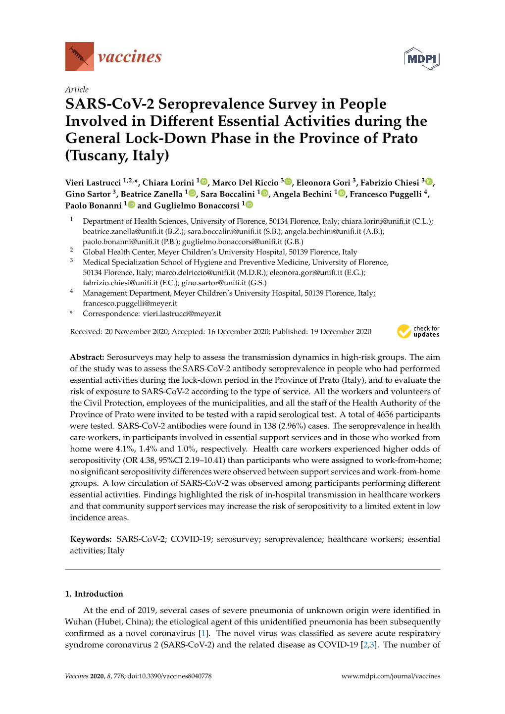 SARS-Cov-2 Seroprevalence Survey in People Involved in Different