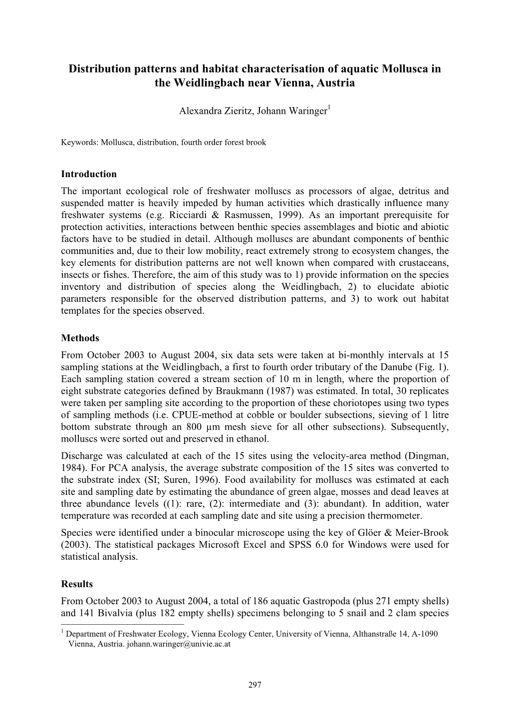 Distribution Patterns and Habitat Characterisation of Aquatic Mollusca in the Weidlingbach Near Vienna, Austria