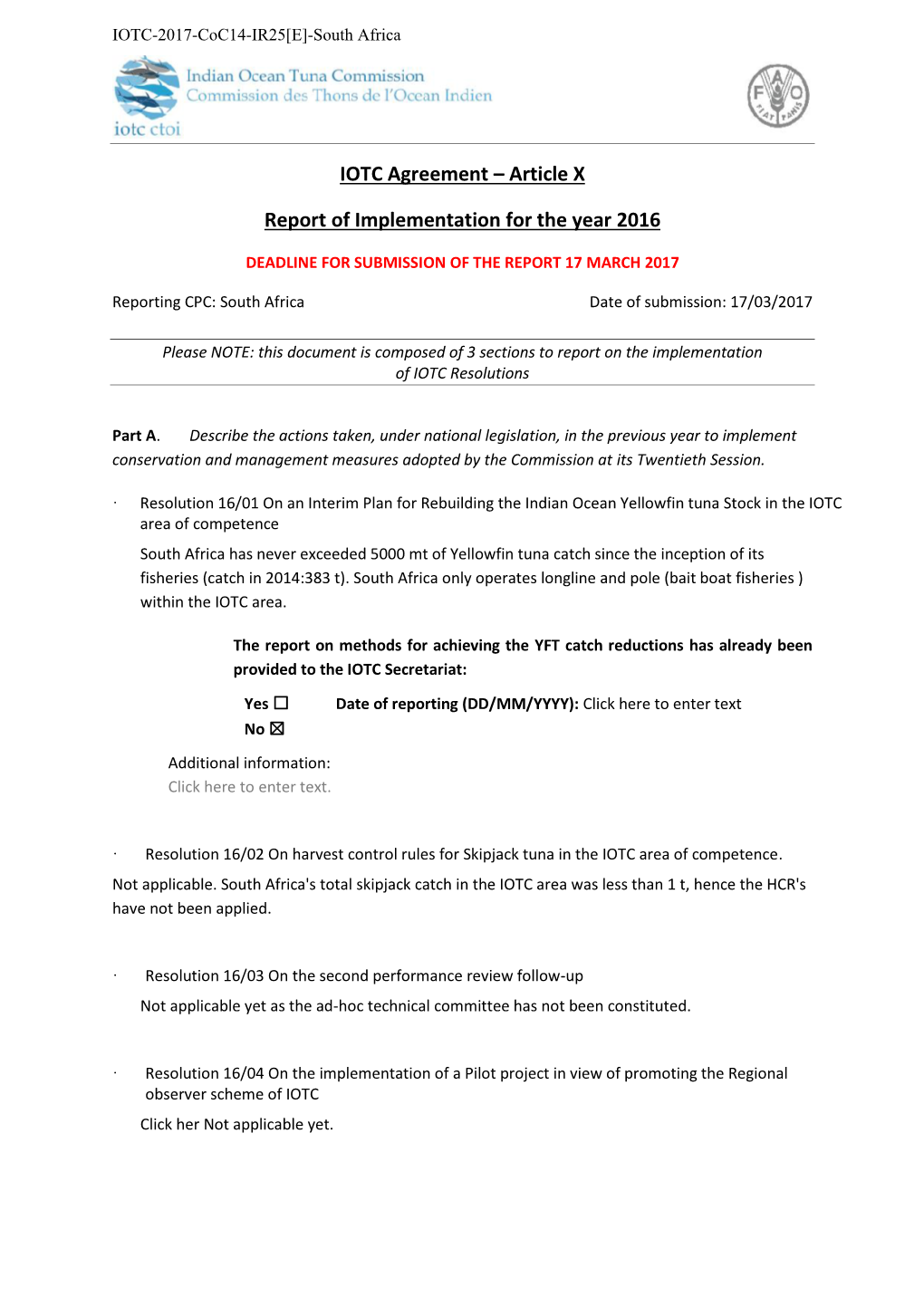 IOTC Agreement – Article X Report of Implementation for the Year 2016