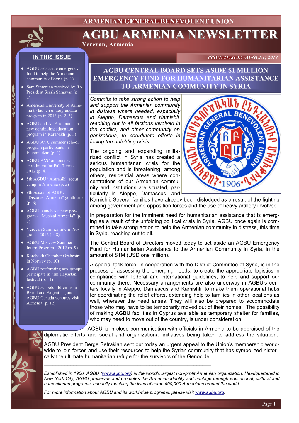 Agbu Armenia Newsletter Issue 21, July-August, 2012