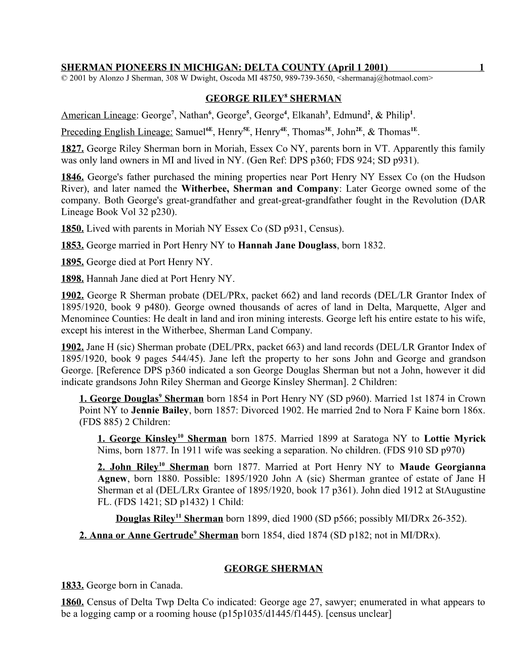 SHERMAN PIONEERS in MICHIGAN: DELTA COUNTY (April 1 2001) 3