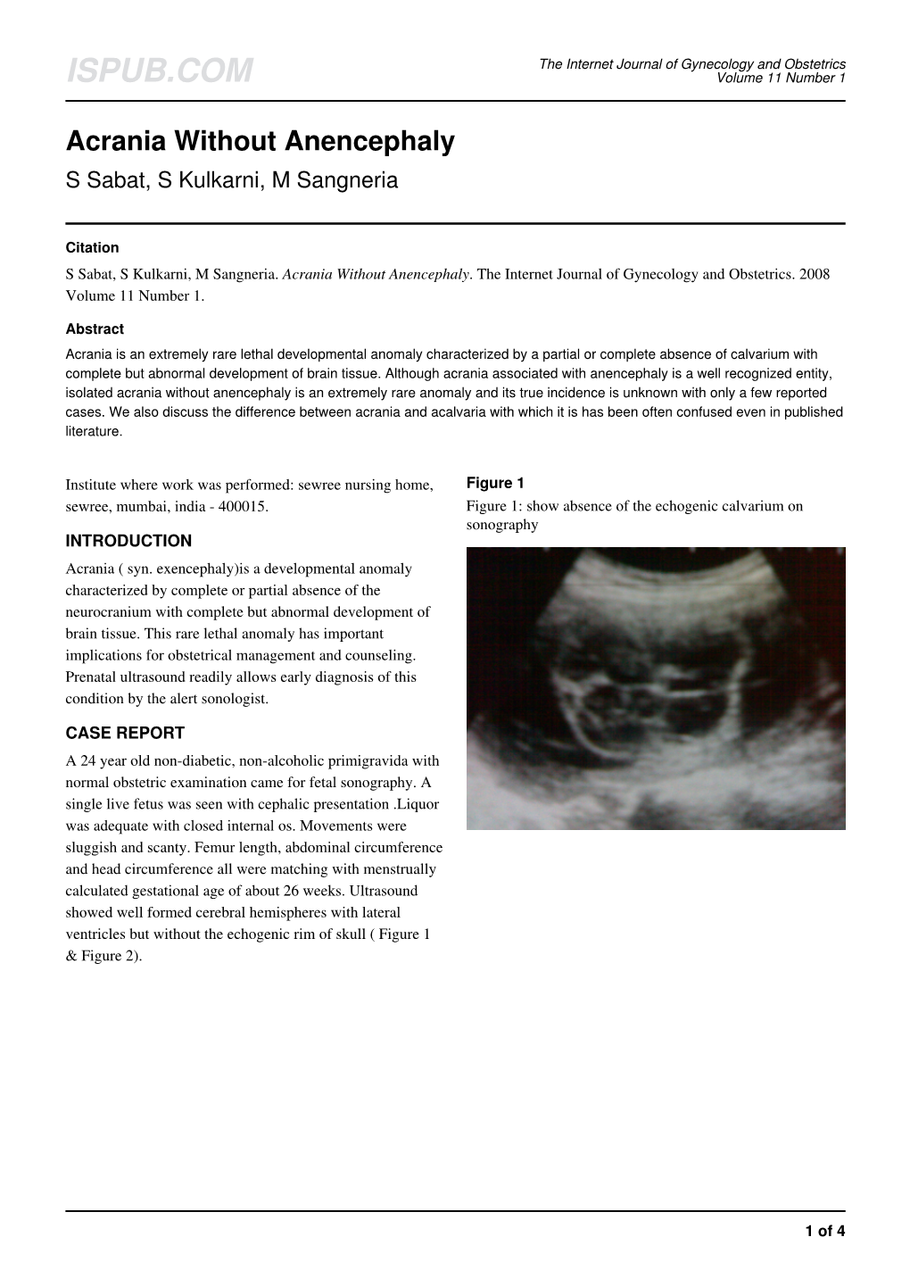 Acrania Without Anencephaly S Sabat, S Kulkarni, M Sangneria