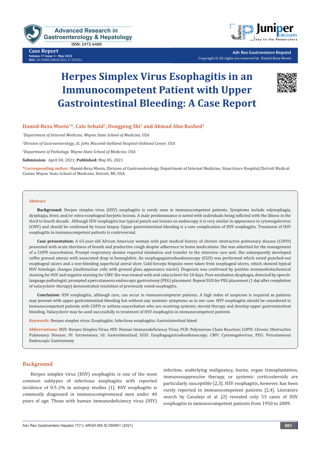 Herpes Simplex Virus Esophagitis in an Immunocompetent Patient with Upper Gastrointestinal Bleeding: a Case Report