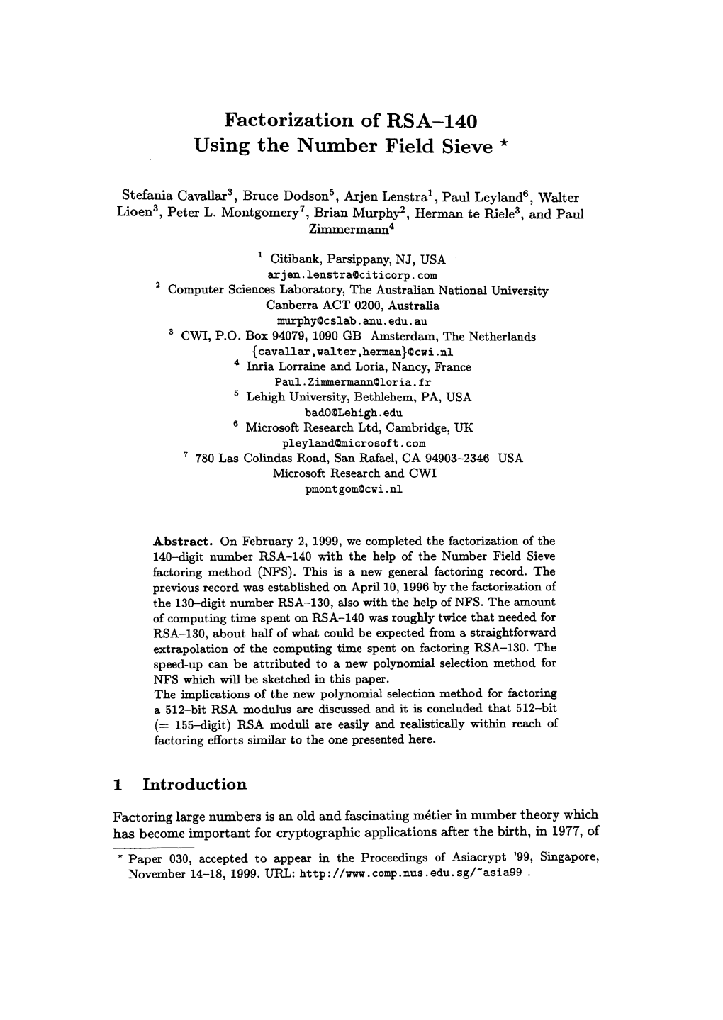 Factorization of RSA-140 Using the Number Field Sieve *