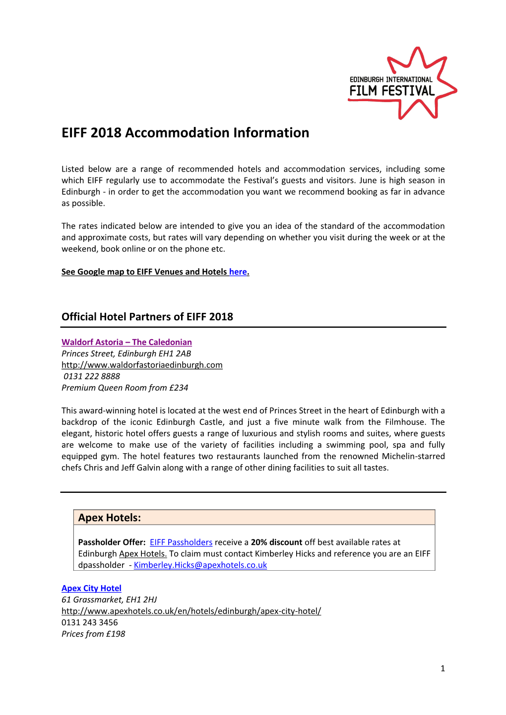 EIFF 2018 Accommodation Information