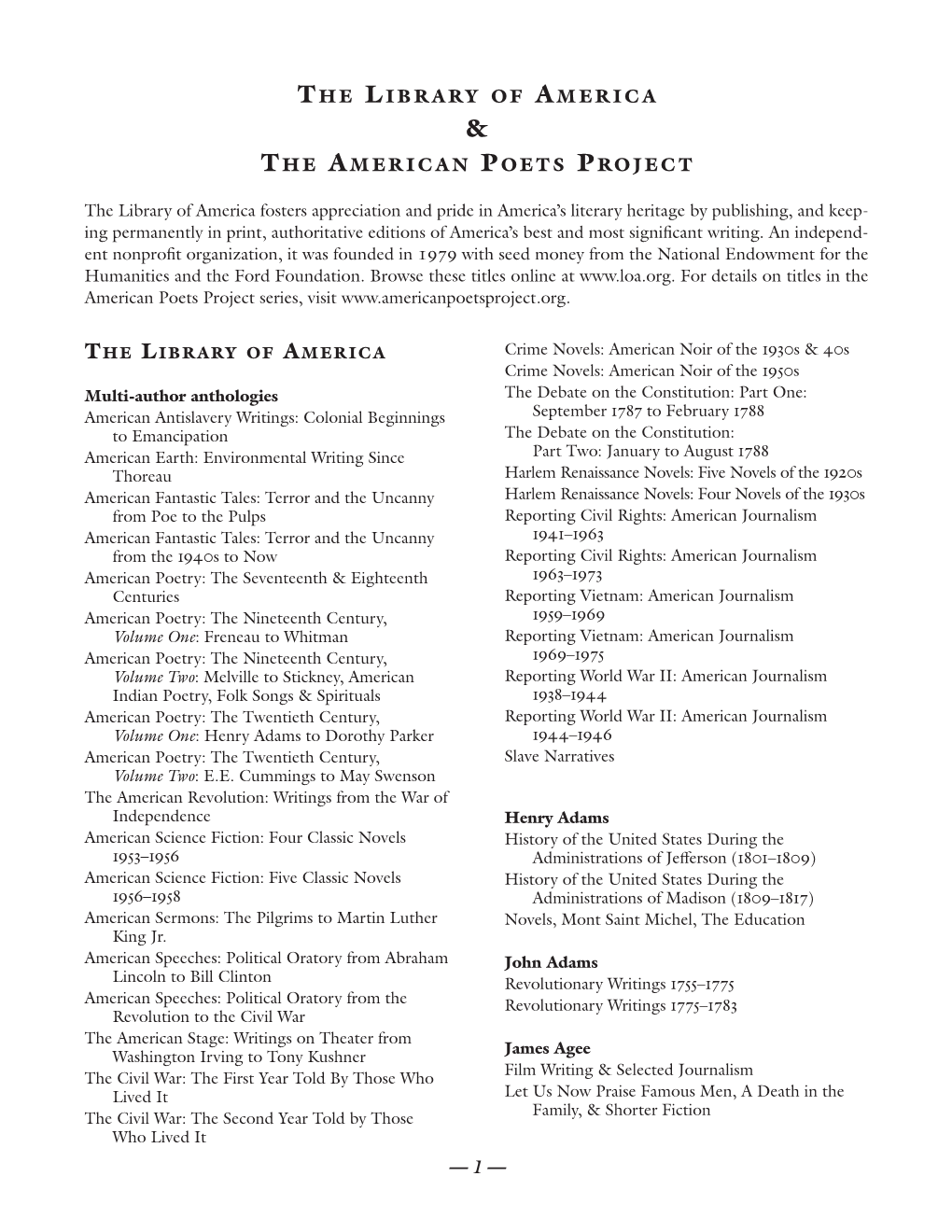 — 1— the Library of America the American Poets Project