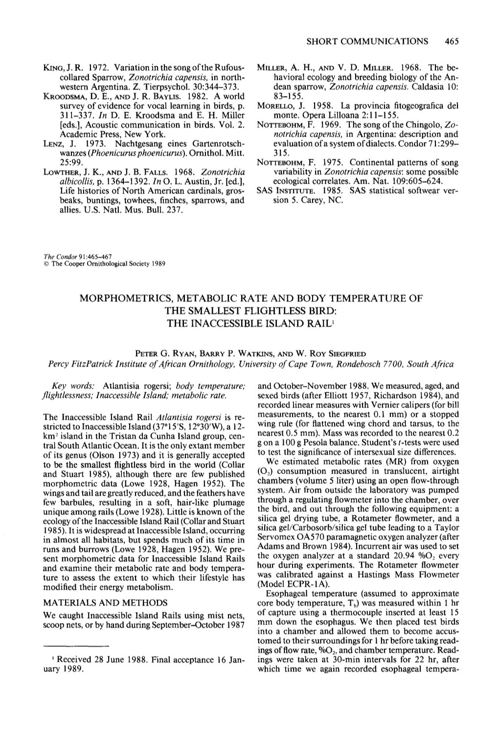 Morphometrics, Metabolic Rate and Body Tempoerature of the Smallest