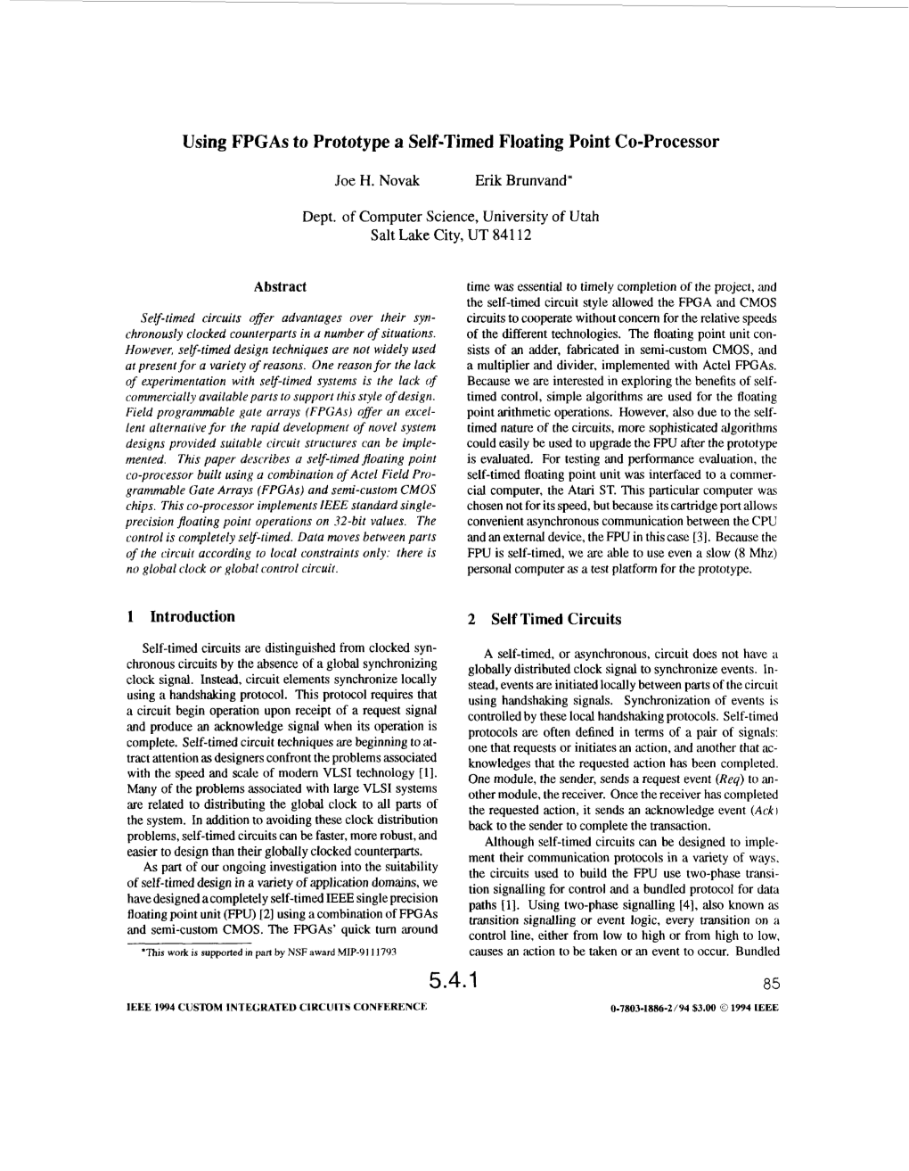 Using Fpgas to Prototype a Self-Timed Floating Point Co-Processor