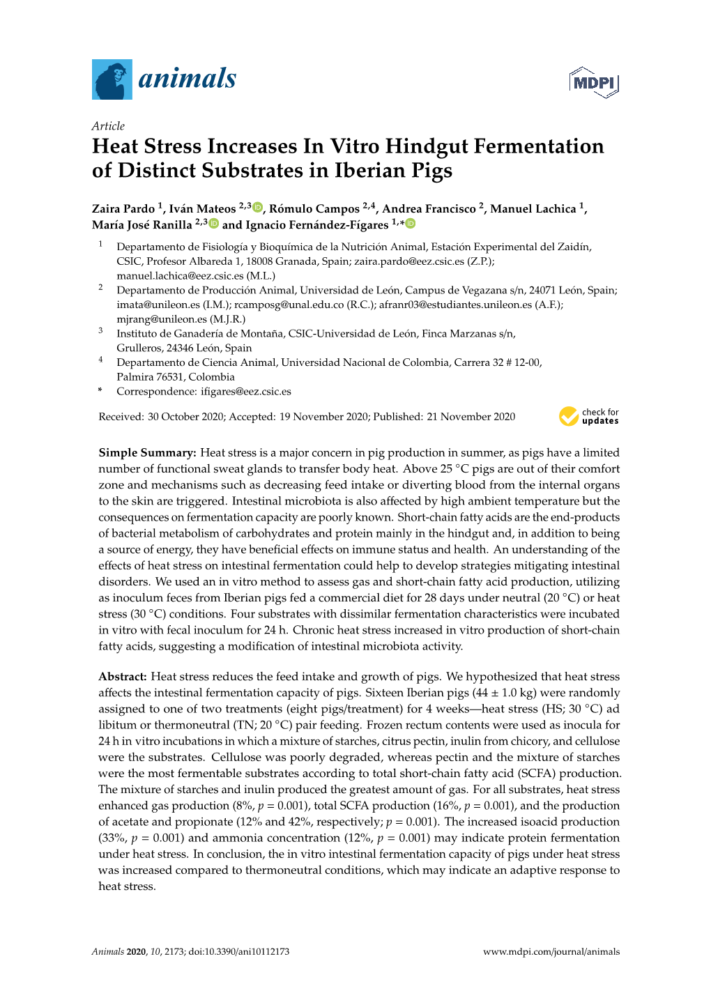 Heat Stress Increases in Vitro Hindgut Fermentation of Distinct Substrates in Iberian Pigs