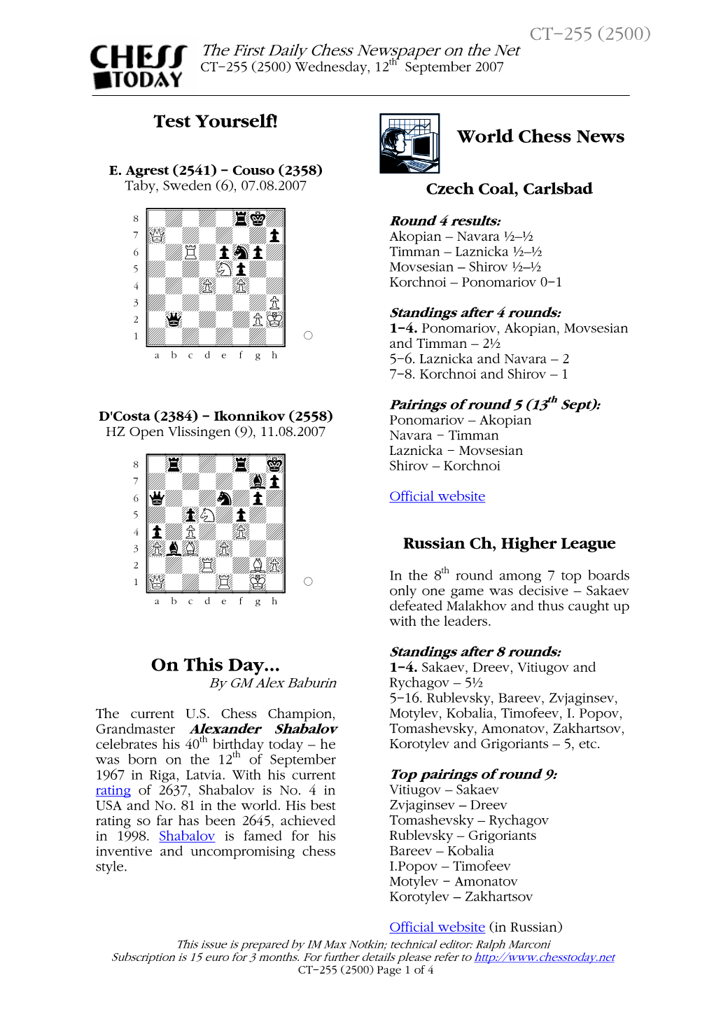 Test Yourself! on This Day... World Chess News CT-255 (2500)