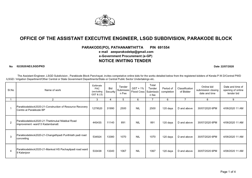 Office of the Assistant Executive Engineer, Lsgd Subdivision, Parakode Block