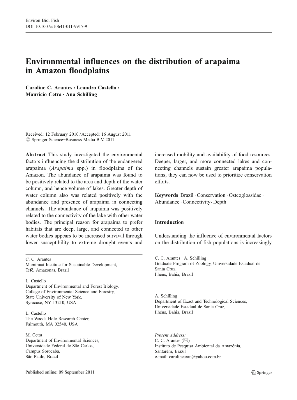 Environmental Influences on the Distribution of Arapaima in Amazon Floodplains