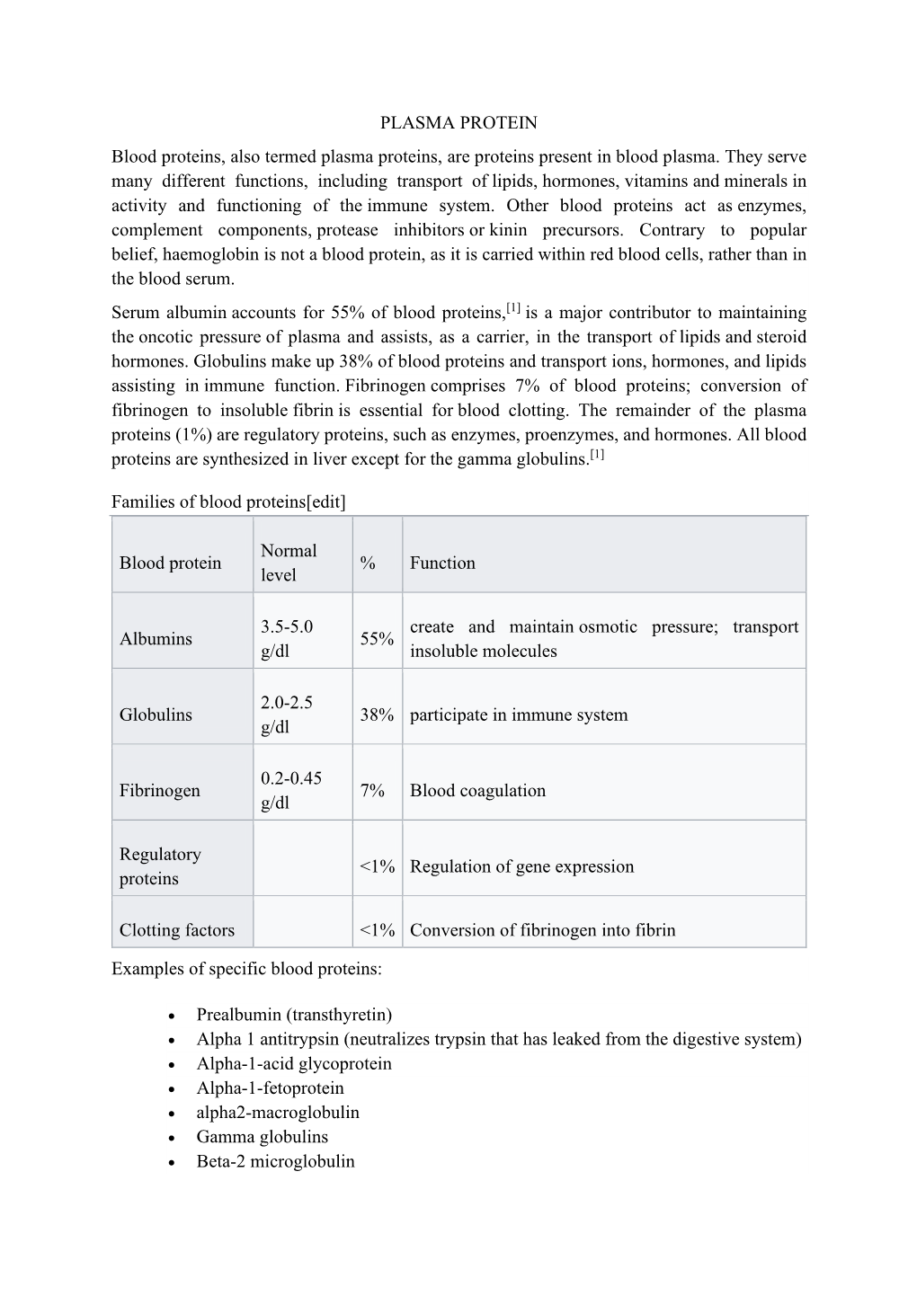 PLASMA PROTEIN Blood Proteins, Also Termed Plasma Proteins, Are Proteins Present in Blood Plasma